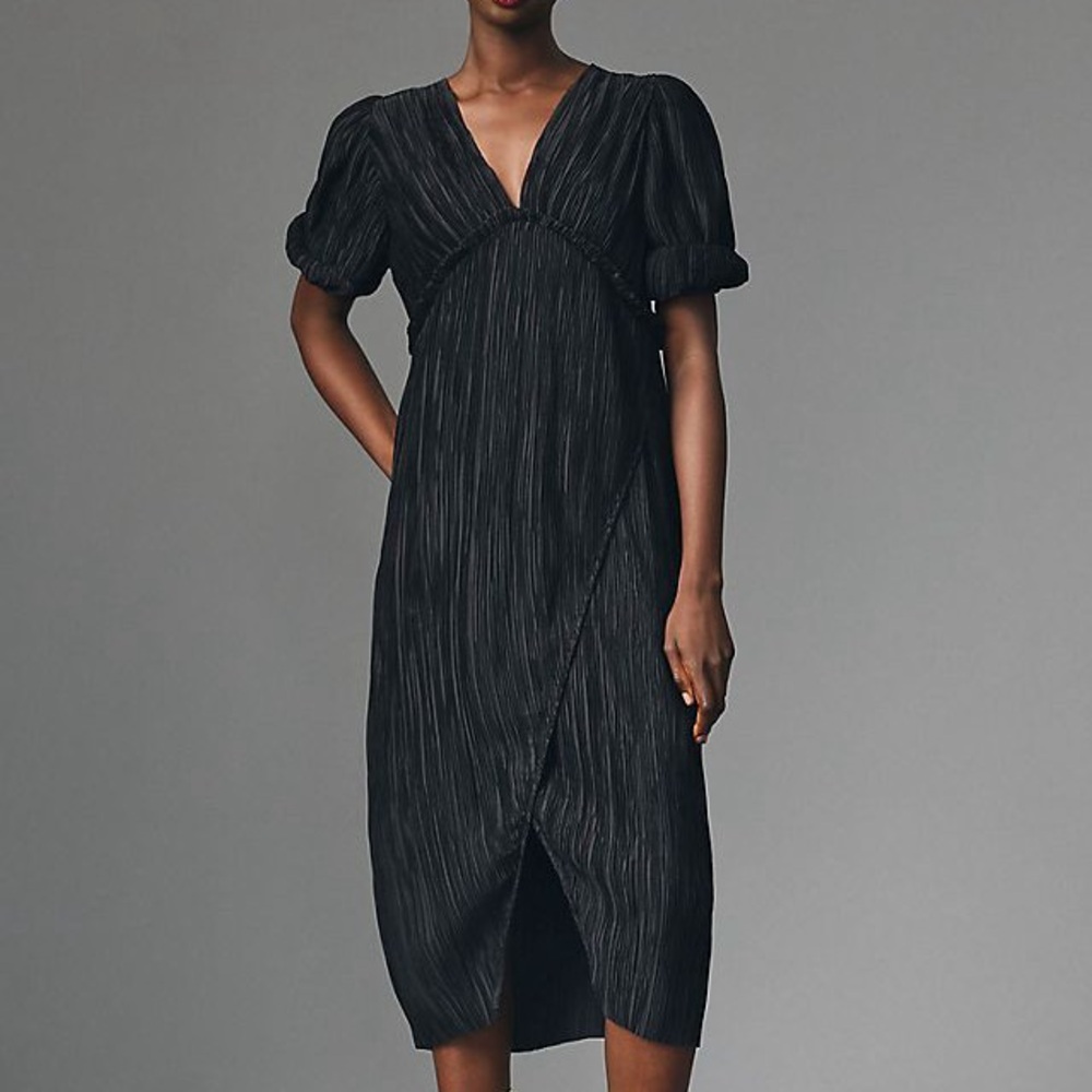 Anthropologie Black V-Neck Pleated Slim Midi Dress